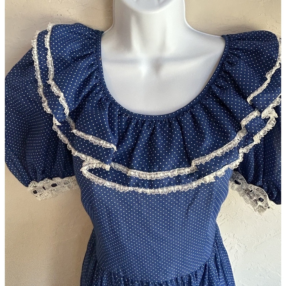Vintage 1970s Handmade Prairie Dress S M Blue Polka Dot Lace Cottagecore Boho - Picture 5 of 9
